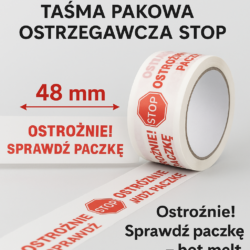 ChatGPT Image 12 sie 2025 14 57 48 250x250 - Taśma pakowa ostrzegawcza STOP 48mm x 120m – klej hot melt, „Ostrożnie! Sprawdź paczkę”