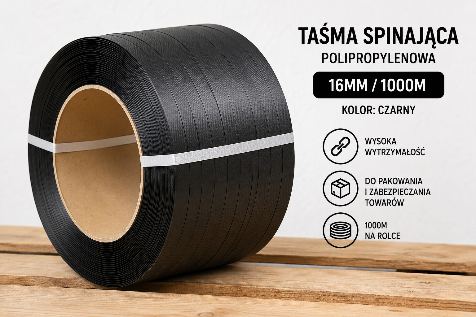 Taśma PP 16/0,6mm 1000m TPP CZARNA ADORS 100x100 - Taśma PP 16/0,6mm 1000m